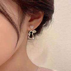 Cute CZ Inlaid Dangling Pearl Heart Rabbit Earrings