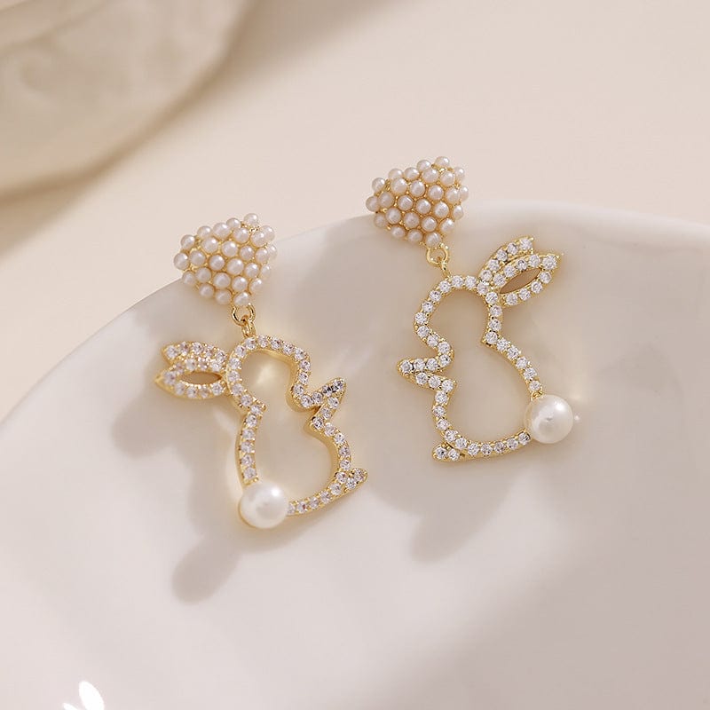 Cute CZ Inlaid Dangling Pearl Heart Rabbit Earrings