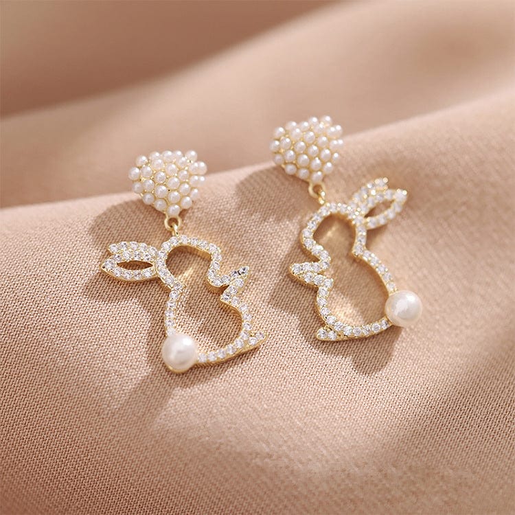 Cute CZ Inlaid Dangling Pearl Heart Rabbit Earrings