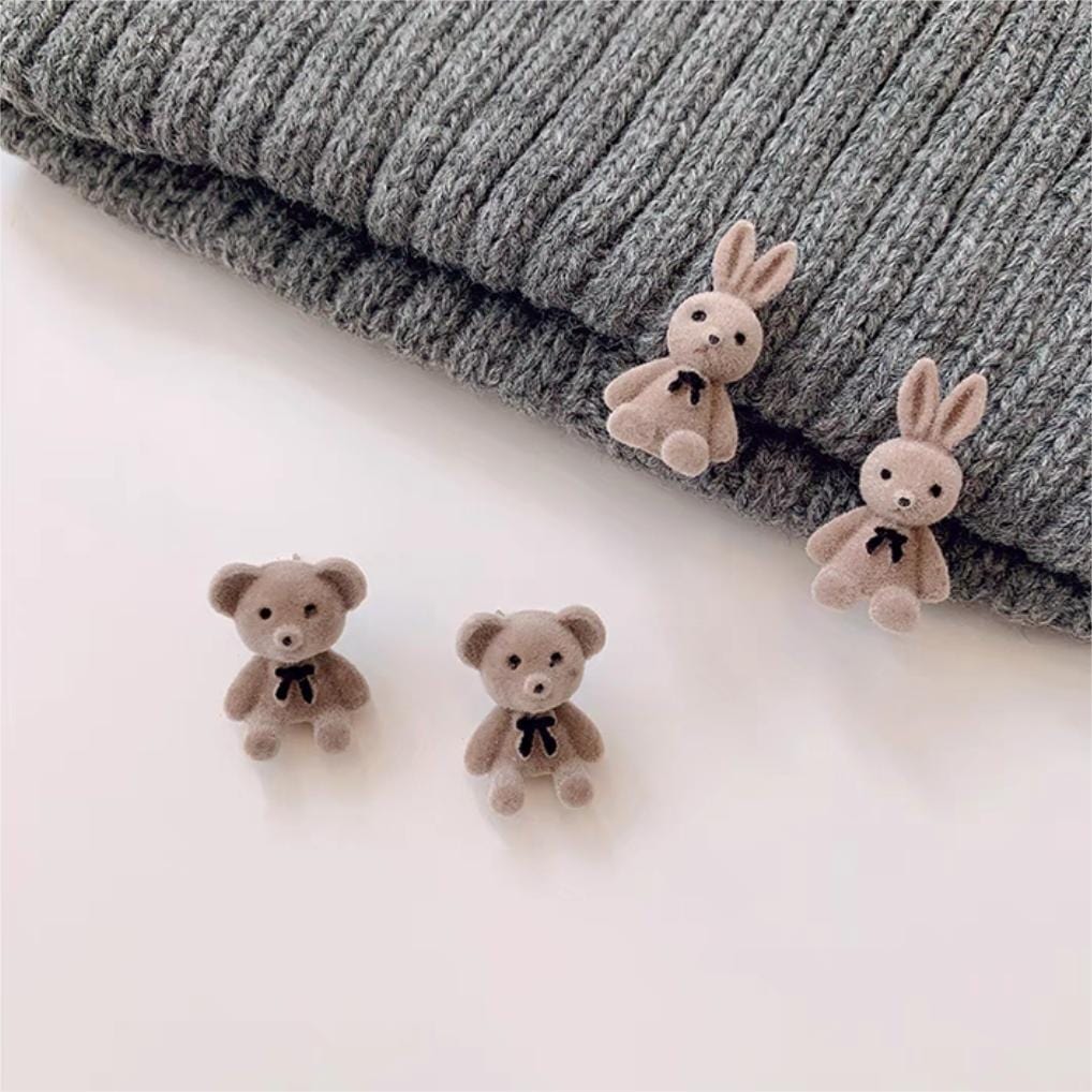 Cute Flocking Rabbit Bear Ear Studs