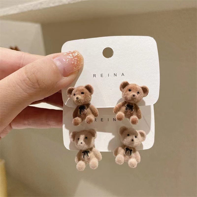 Cute Flocking Rabbit Bear Ear Studs