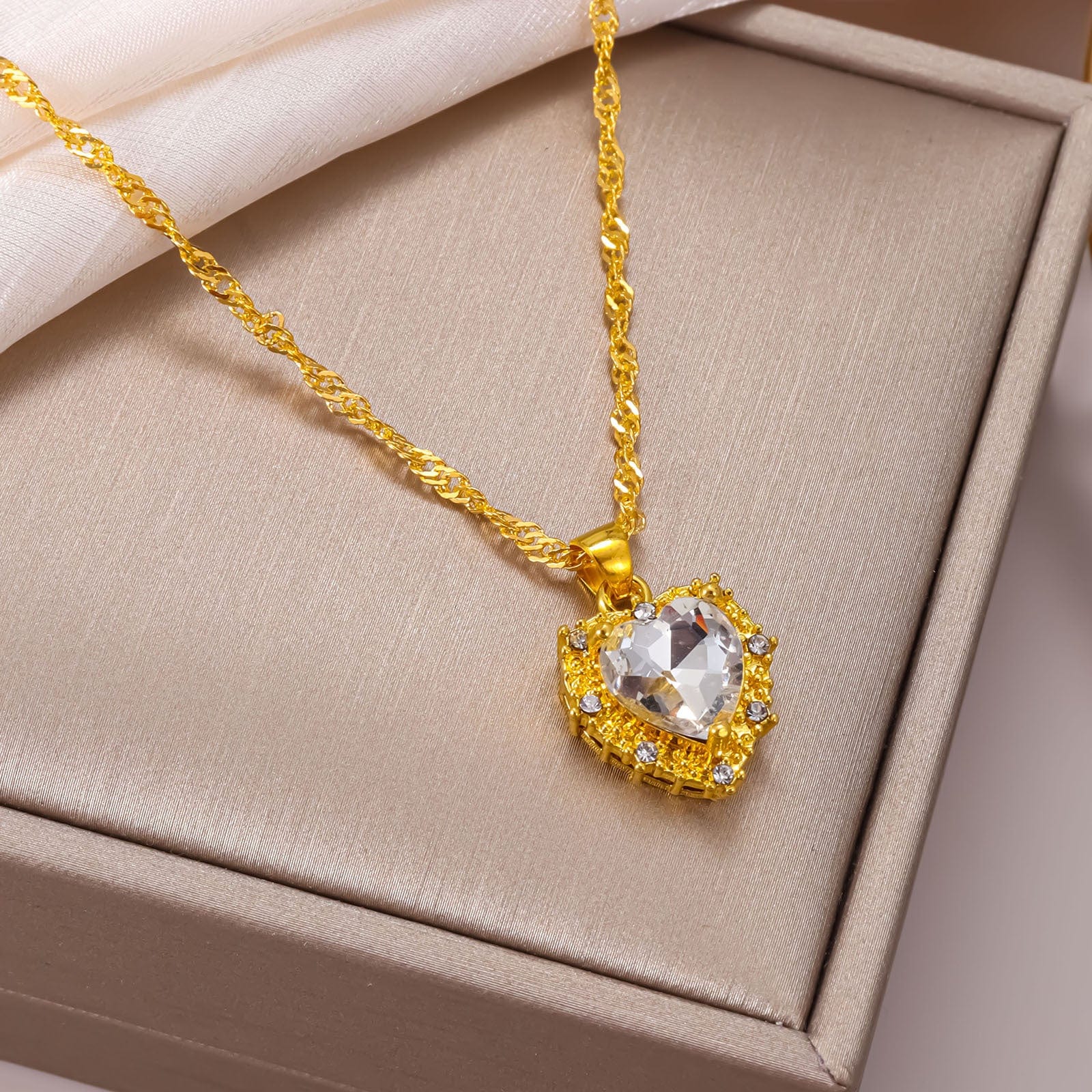 CZ Inlaid Crystal Heart Pendant Necklace