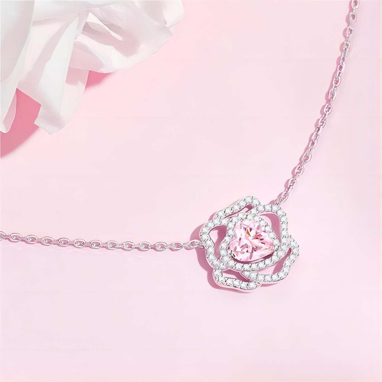 CZ Inlaid Pink Crystal Floral Heart Necklace