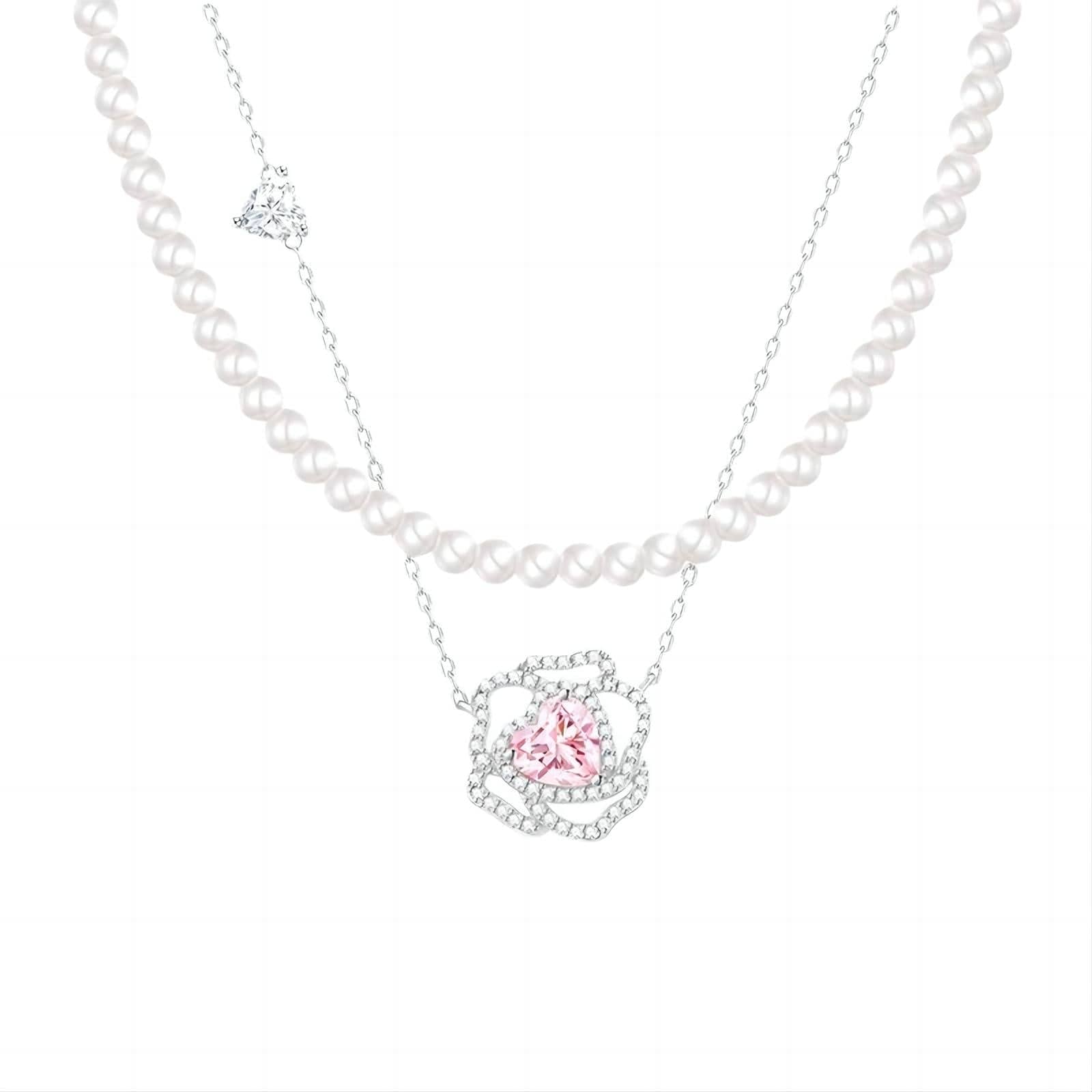 CZ Inlaid Pink Crystal Floral Heart Necklace