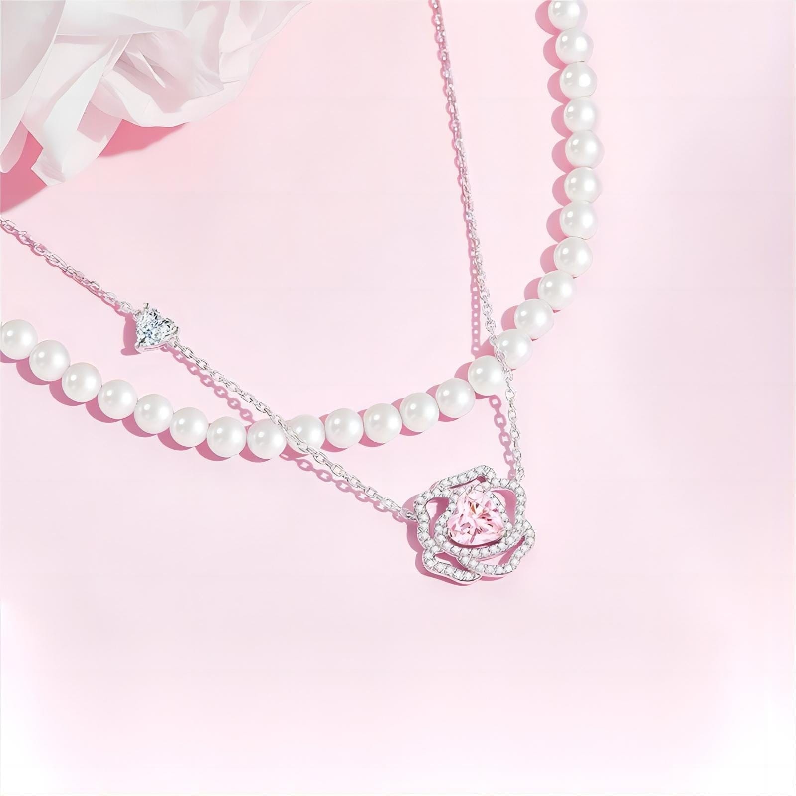 CZ Inlaid Pink Crystal Floral Heart Necklace