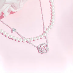 CZ Inlaid Pink Crystal Floral Heart Necklace