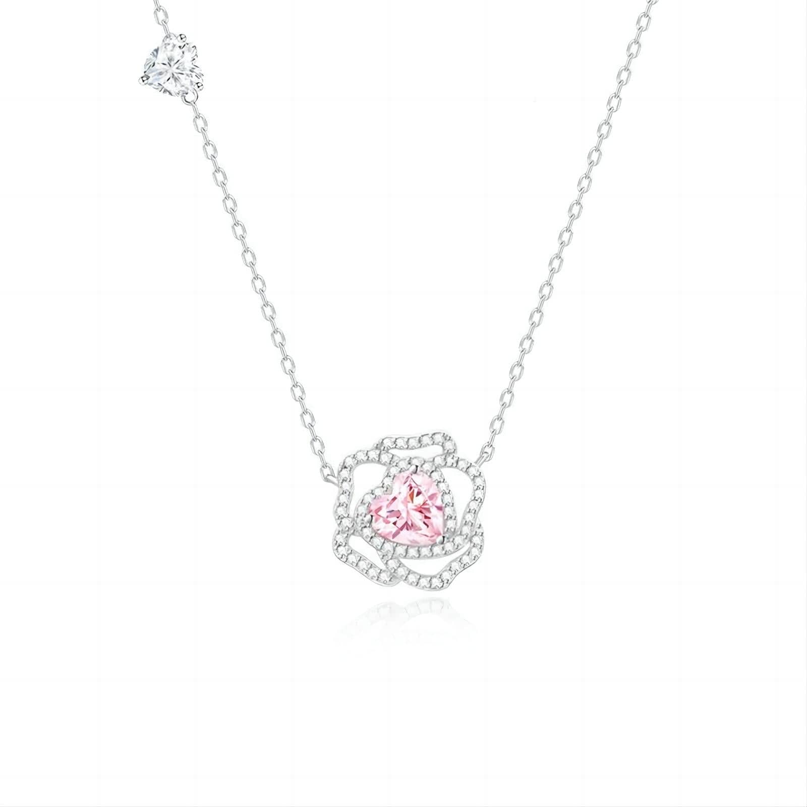 CZ Inlaid Pink Crystal Floral Heart Necklace