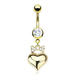 CZ Ribbon Bow Gold Plated Heart Dangle Surgical Steel Belly Button Navel Ring