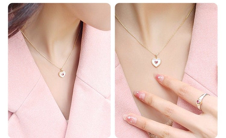 Dainty 18K Gold Filled Rhinestone Inlaid Natural Shell Heart Pendant Necklace