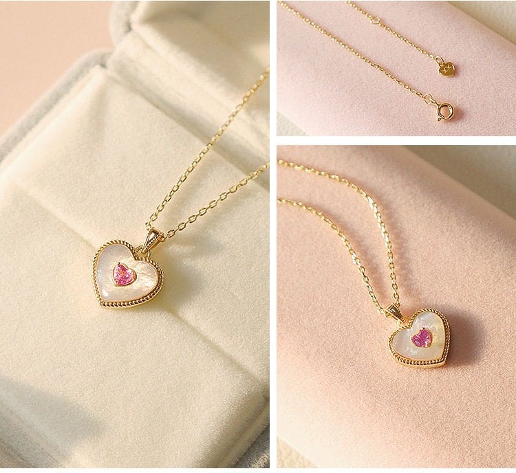 Dainty 18K Gold Filled Rhinestone Inlaid Natural Shell Heart Pendant Necklace