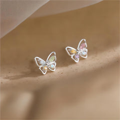 Dainty Colorful CZ Inlaid Silver Butterfly Earrings