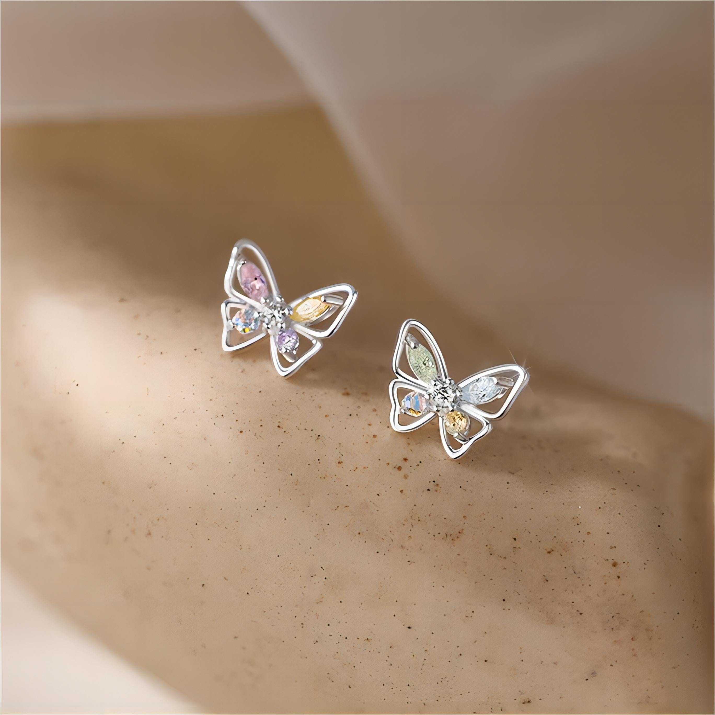 Dainty Colorful CZ Inlaid Silver Butterfly Earrings