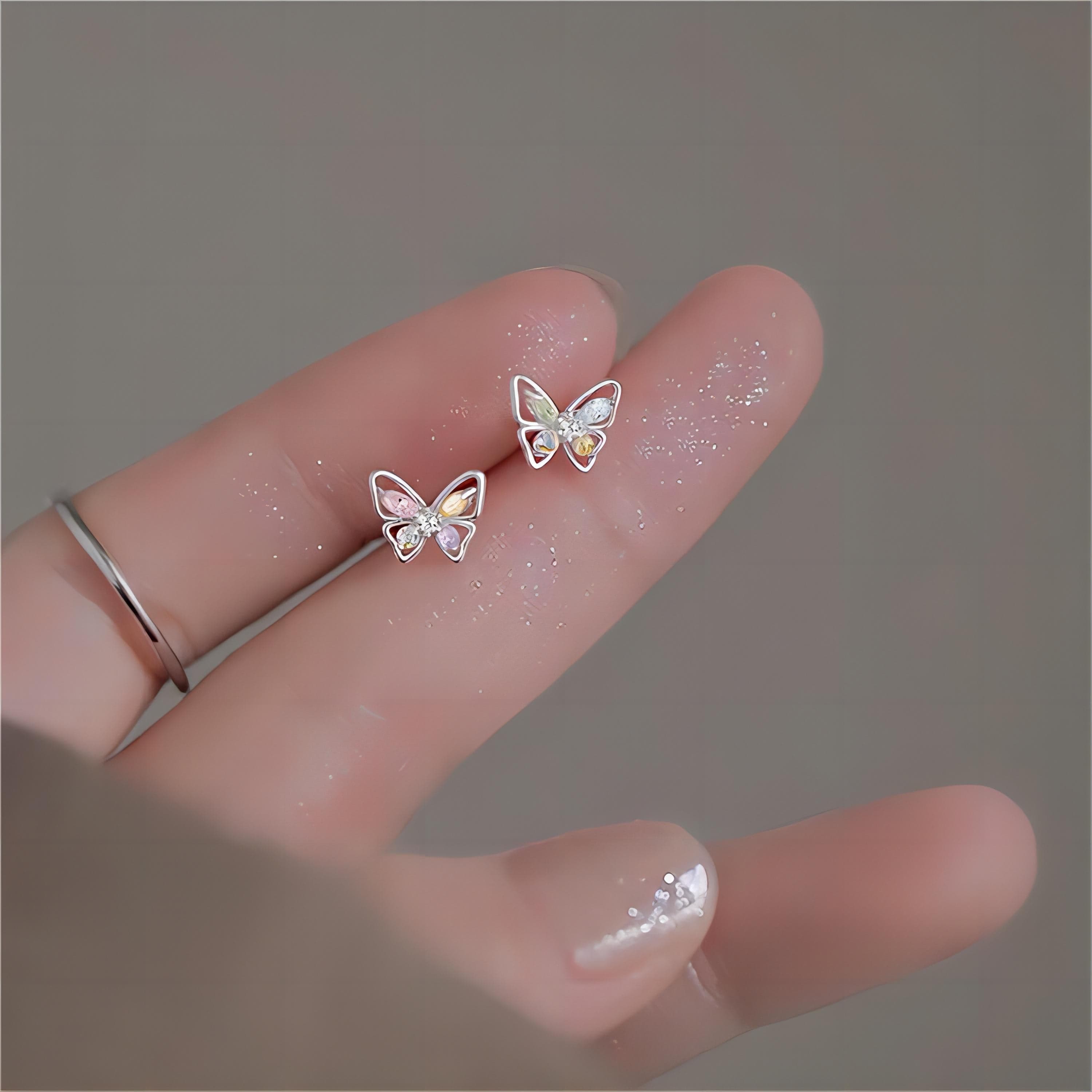 Dainty Colorful CZ Inlaid Silver Butterfly Earrings