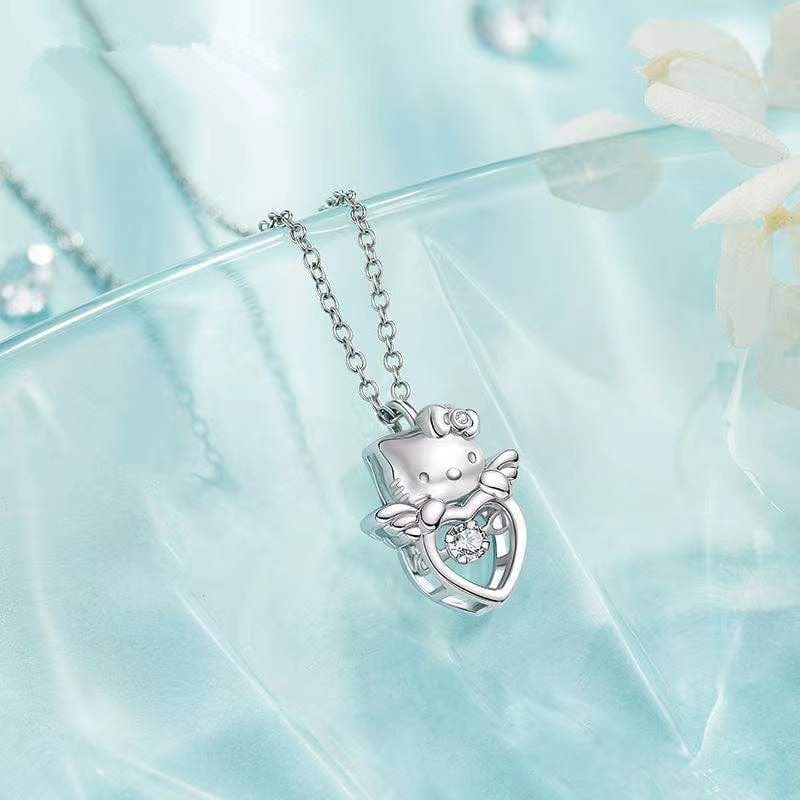 Dainty Crystal Beating Heart Angel Kitty Necklace