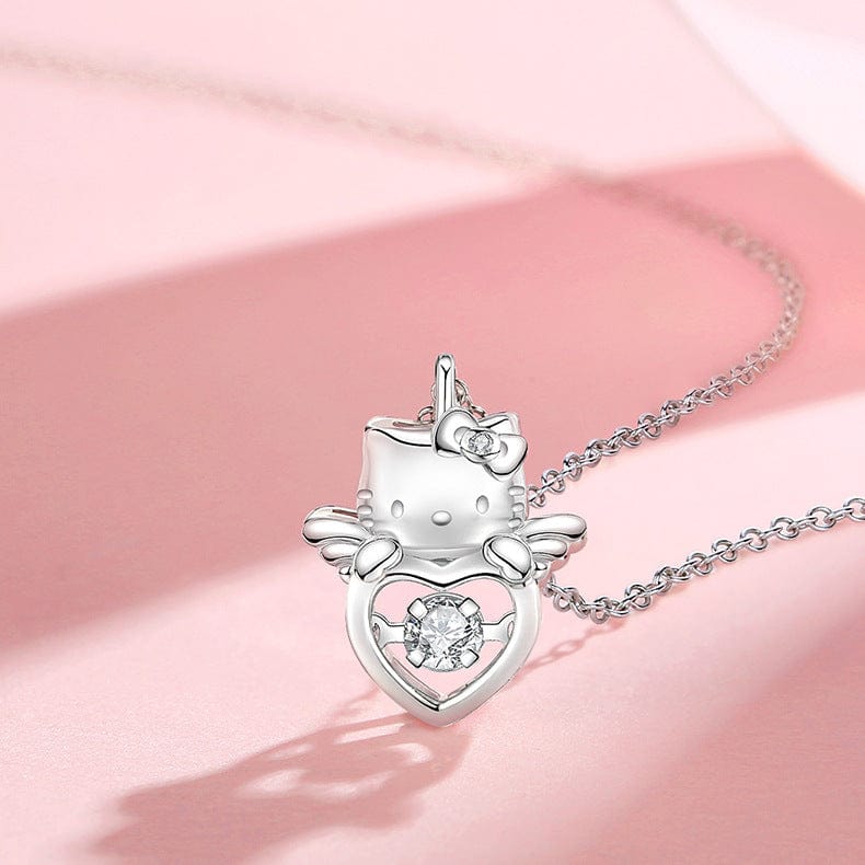 Dainty Crystal Beating Heart Angel Kitty Necklace