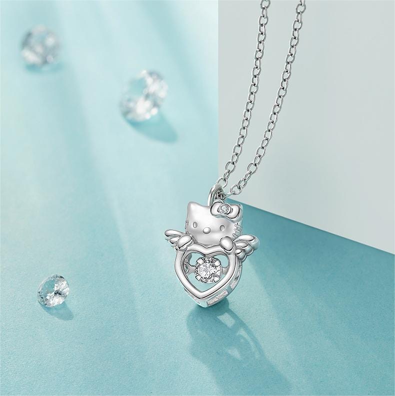 Dainty Crystal Beating Heart Angel Kitty Necklace