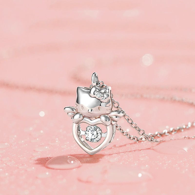 Dainty Crystal Beating Heart Angel Kitty Necklace