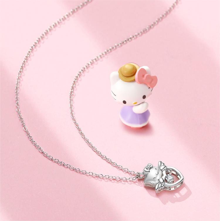 Dainty Crystal Beating Heart Angel Kitty Necklace