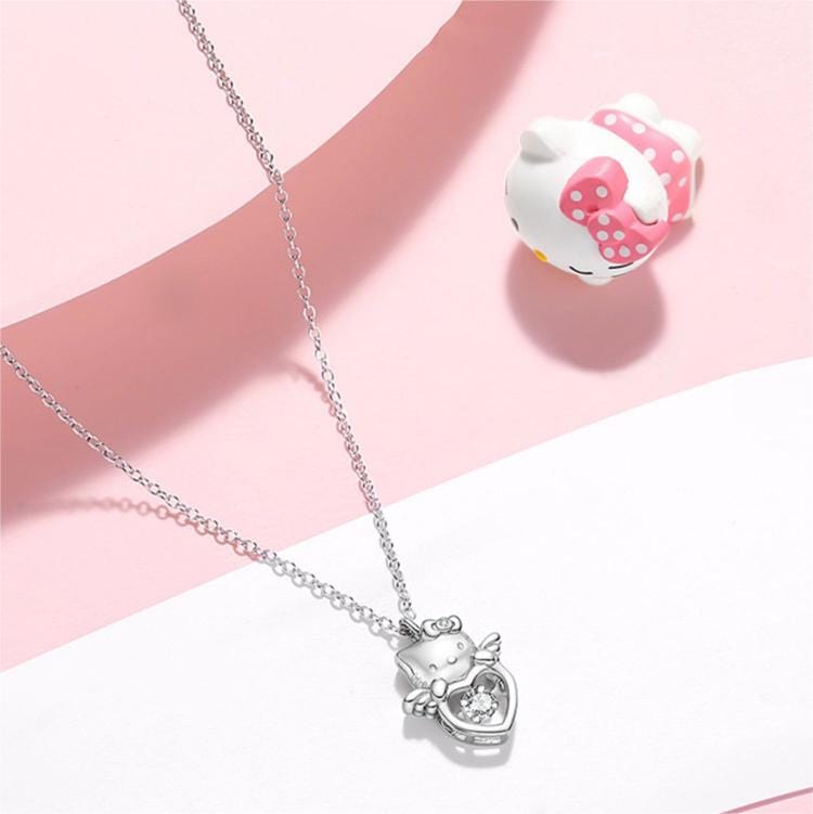 Dainty Crystal Beating Heart Angel Kitty Necklace