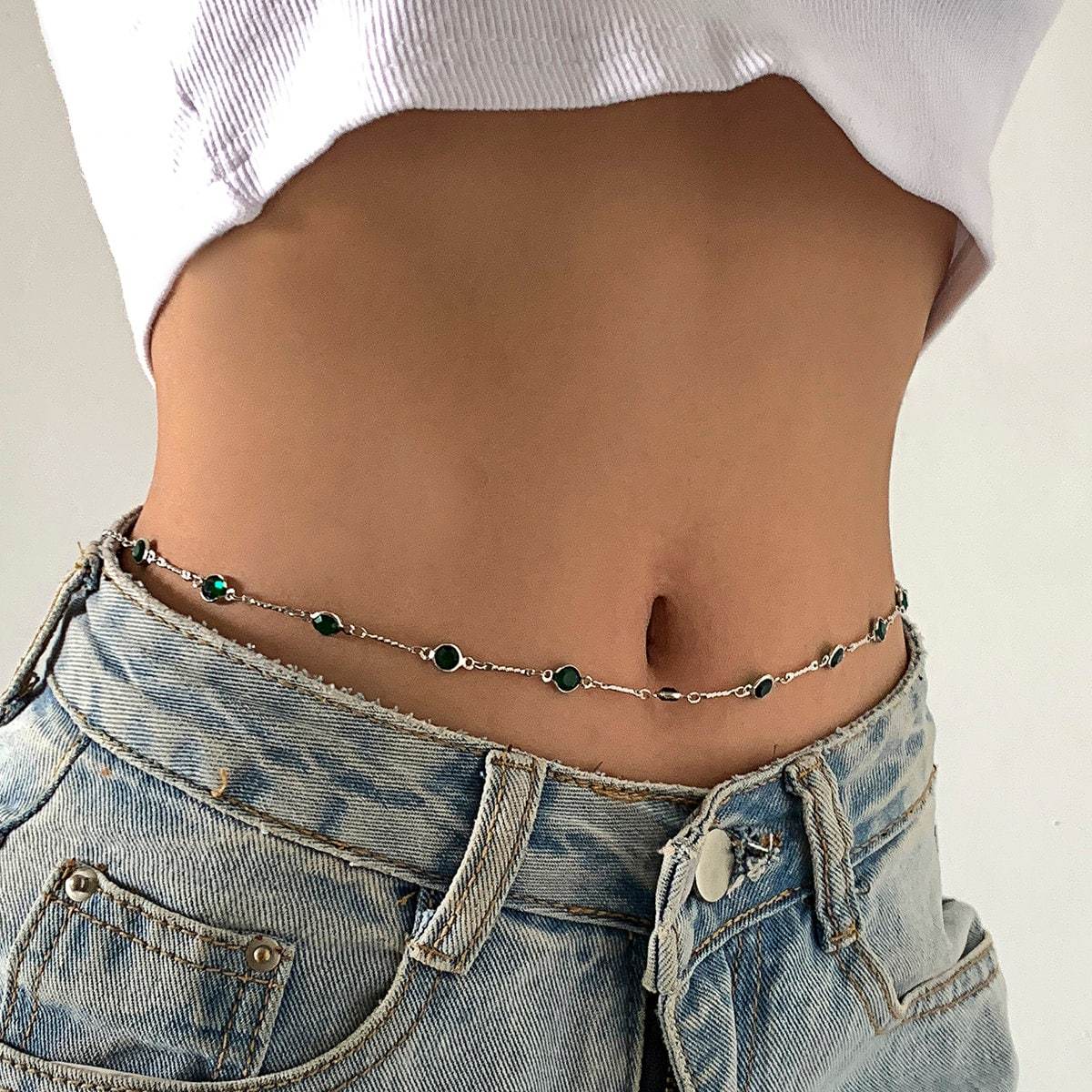 Dainty Crystal Emerald Cable Waist Chain