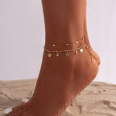 Dainty Crystal Pearl Charm Butterfly Tassel Stackable Anklet Set