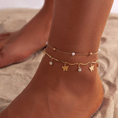Dainty Crystal Pearl Charm Butterfly Tassel Stackable Anklet Set
