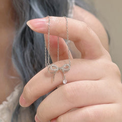 Dainty CZ Inlaid Bowknot Charm Necklace