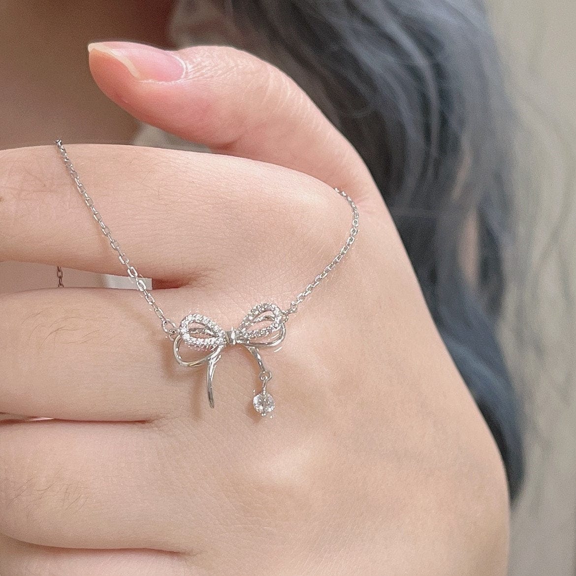 Dainty CZ Inlaid Bowknot Charm Necklace