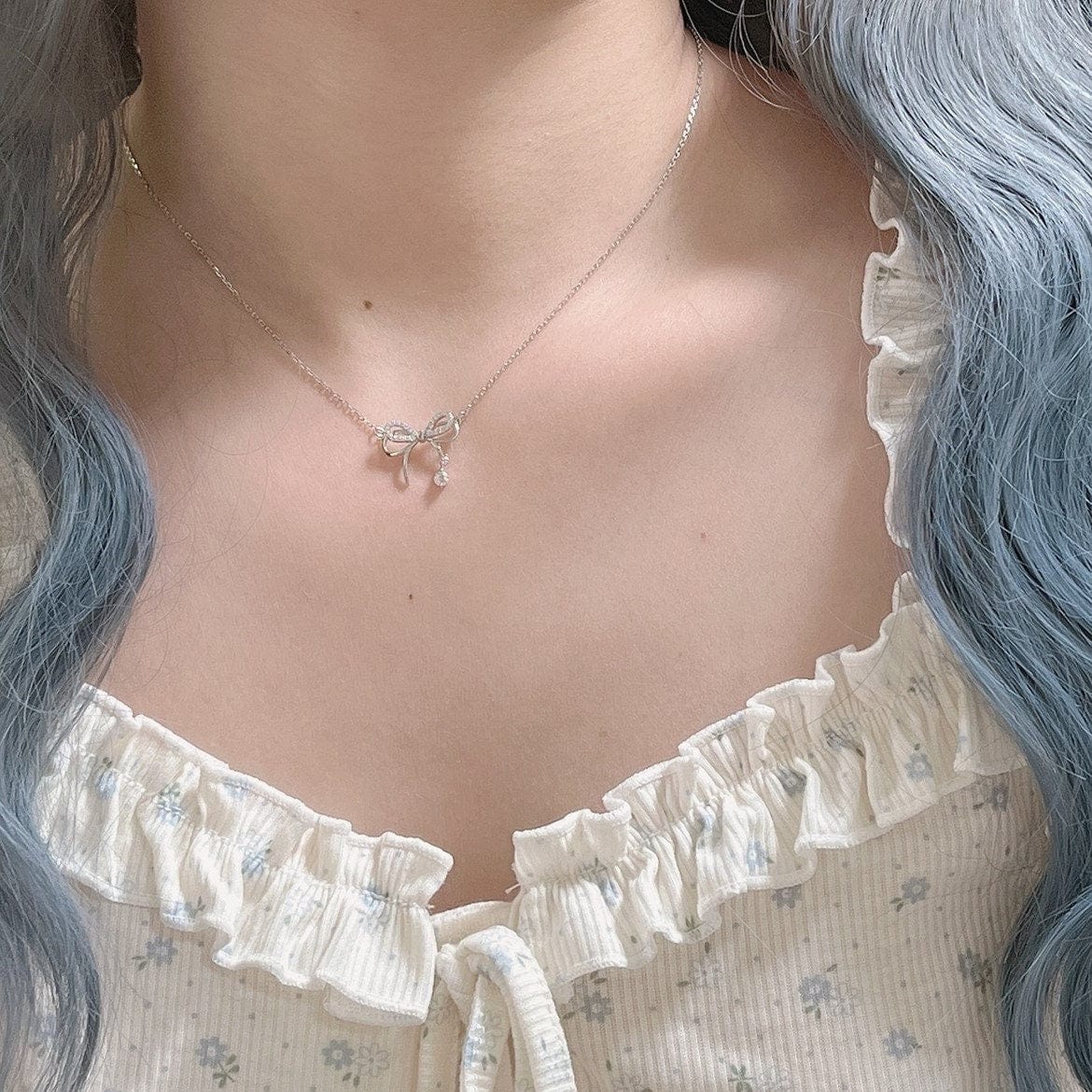 Dainty CZ Inlaid Bowknot Charm Necklace