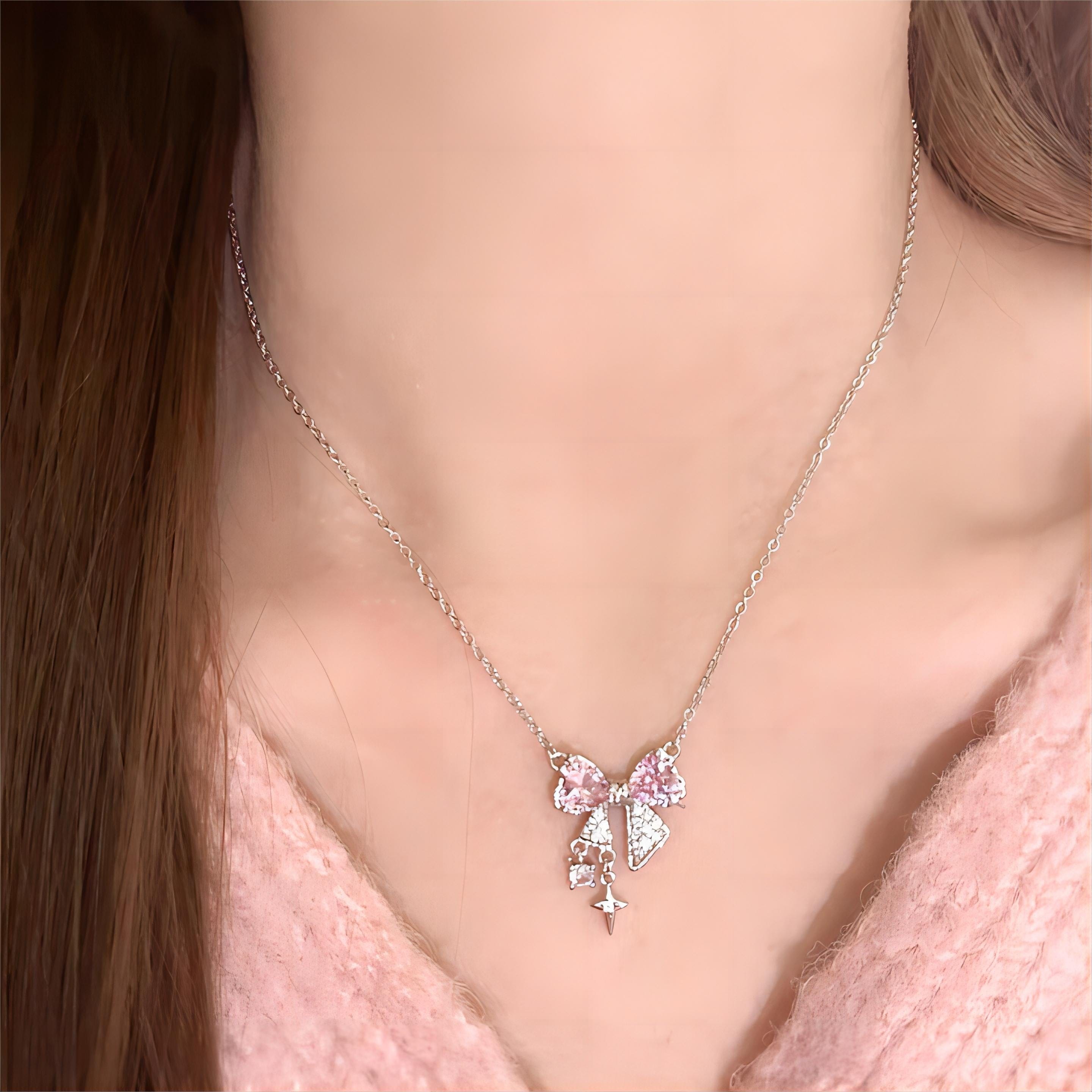 Dainty CZ Inlaid Crystal Bowknot Star Necklace