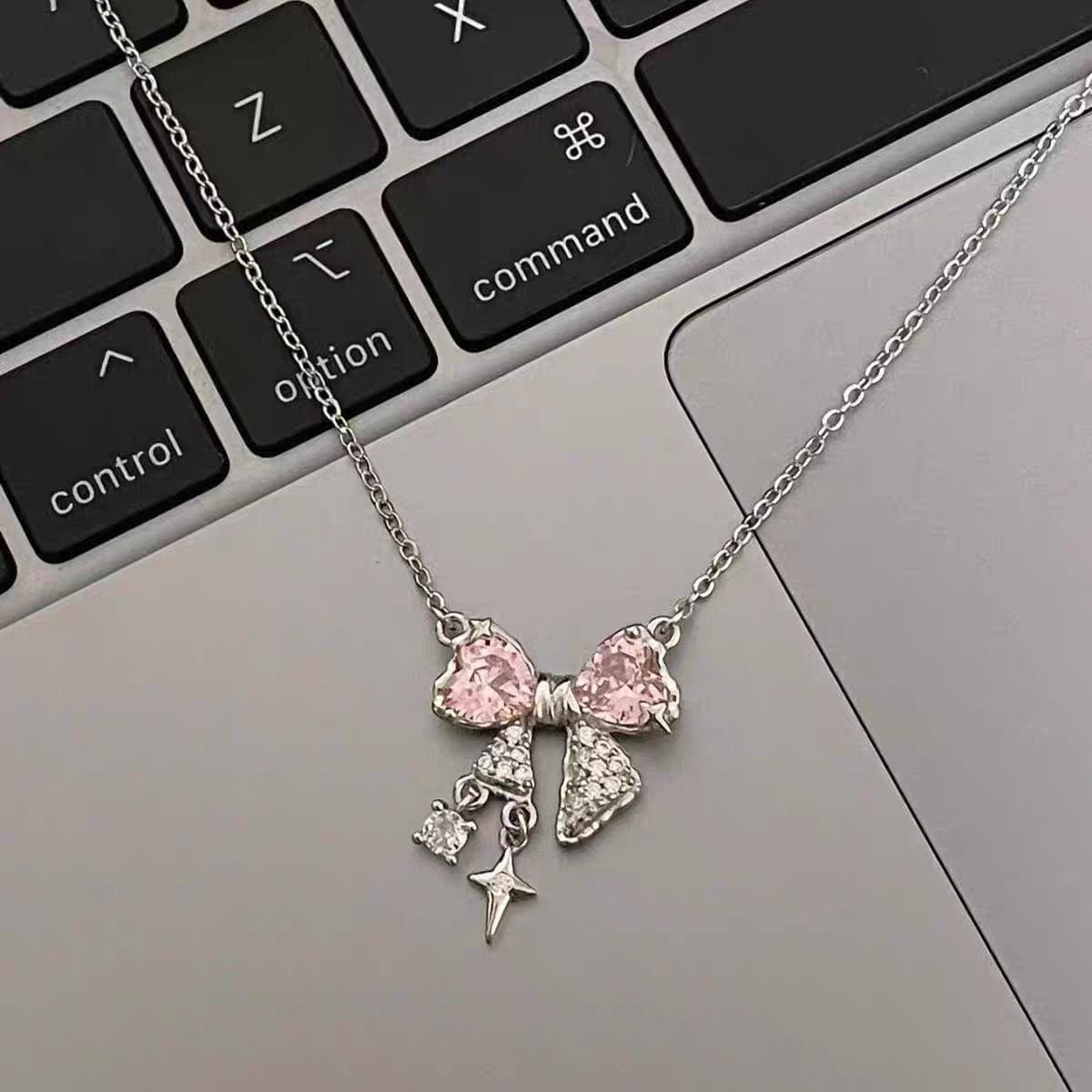 Dainty CZ Inlaid Crystal Bowknot Star Necklace