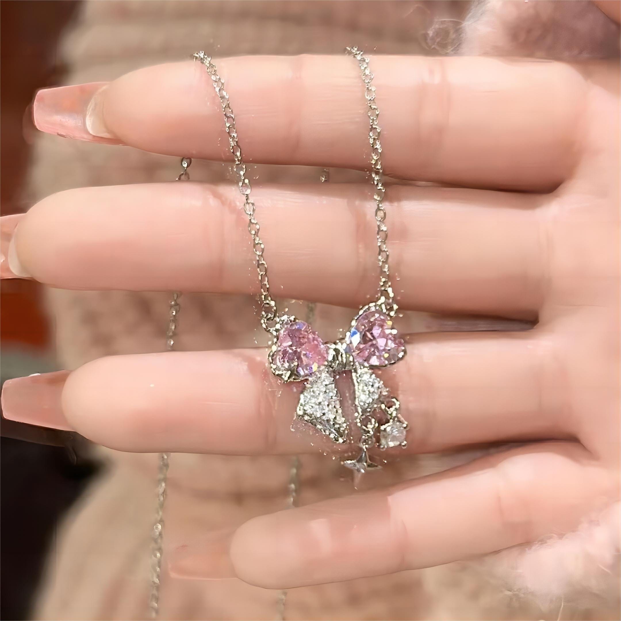 Dainty CZ Inlaid Crystal Bowknot Star Necklace