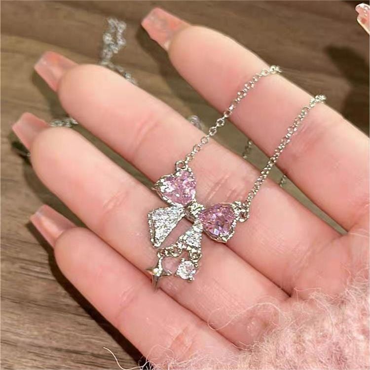 Dainty CZ Inlaid Crystal Bowknot Star Necklace