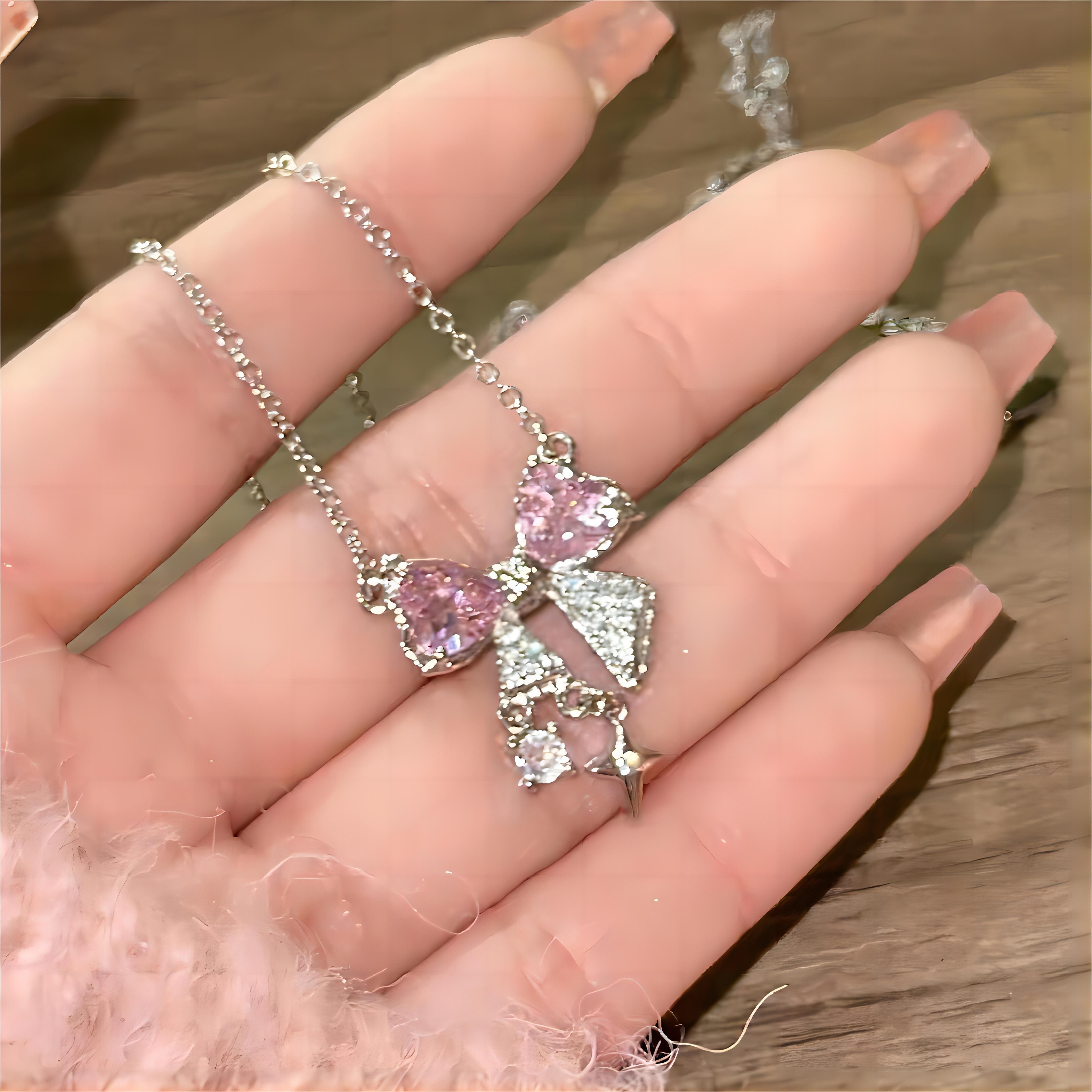 Dainty CZ Inlaid Crystal Bowknot Star Necklace