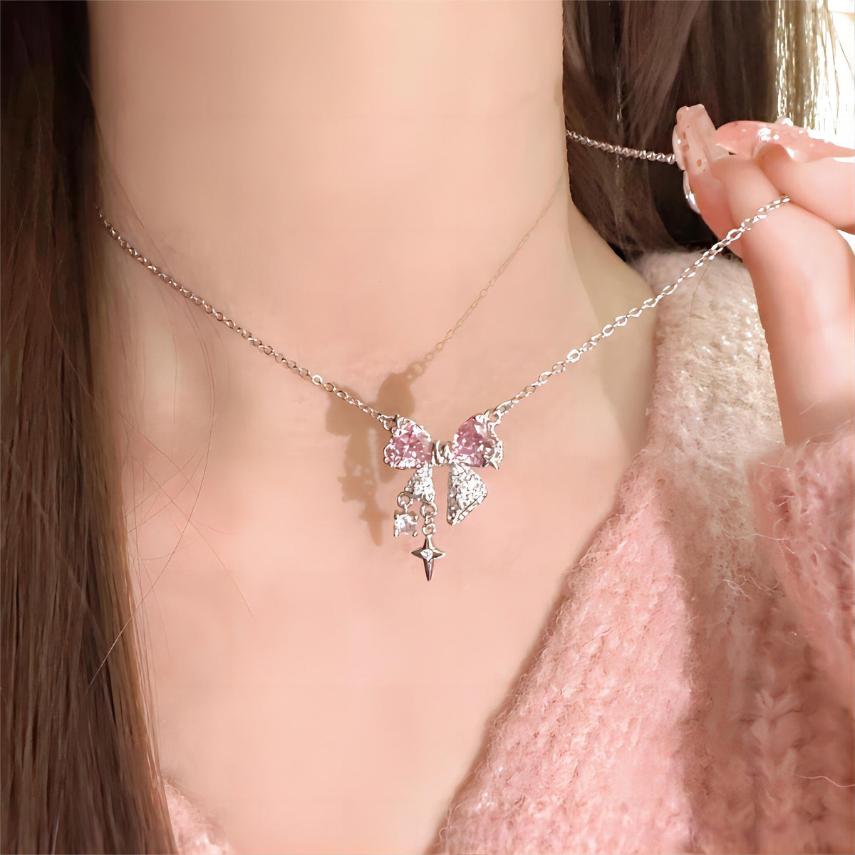 Dainty CZ Inlaid Crystal Bowknot Star Necklace