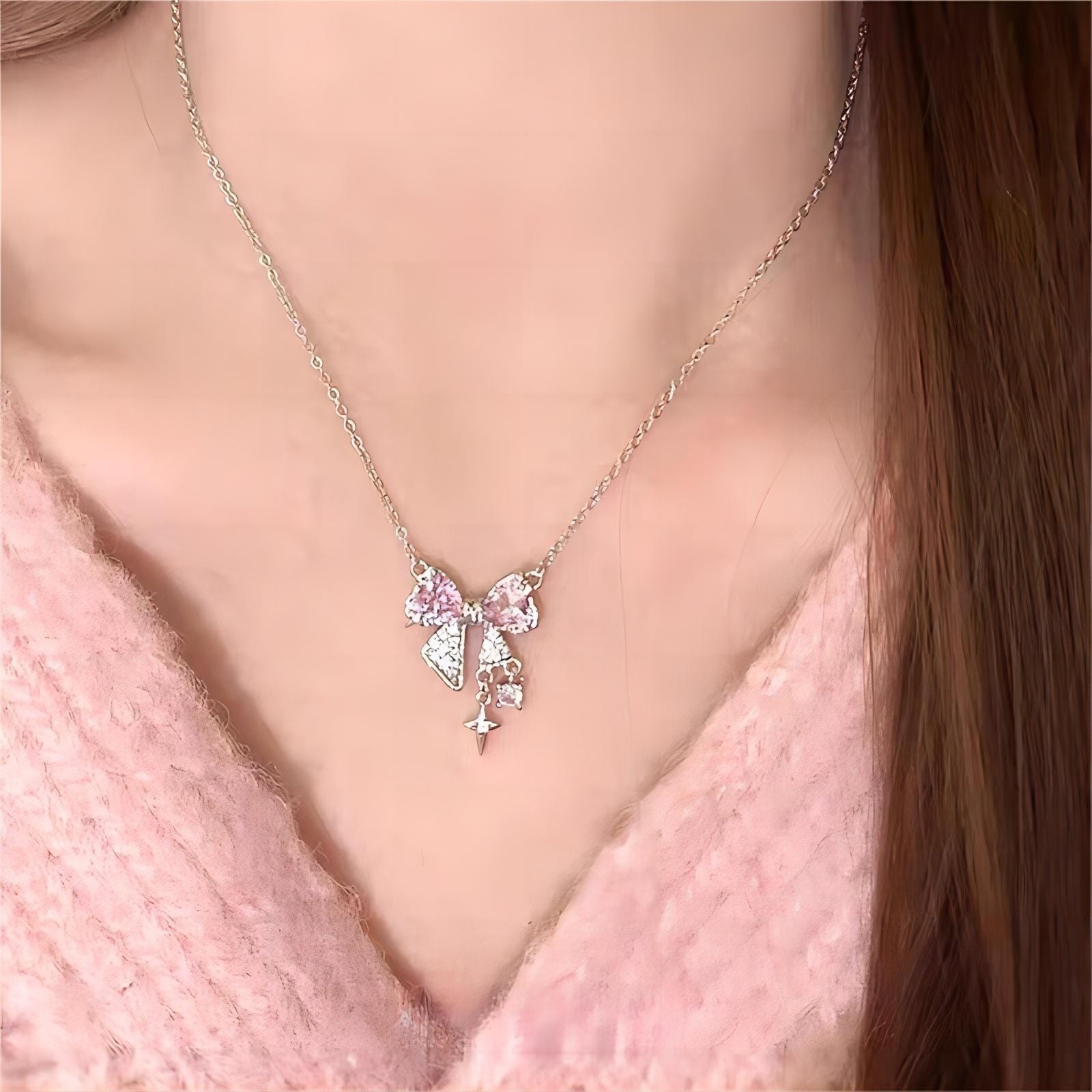 Dainty CZ Inlaid Crystal Bowknot Star Necklace