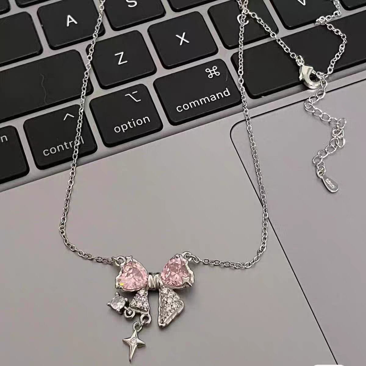 Dainty CZ Inlaid Crystal Bowknot Star Necklace