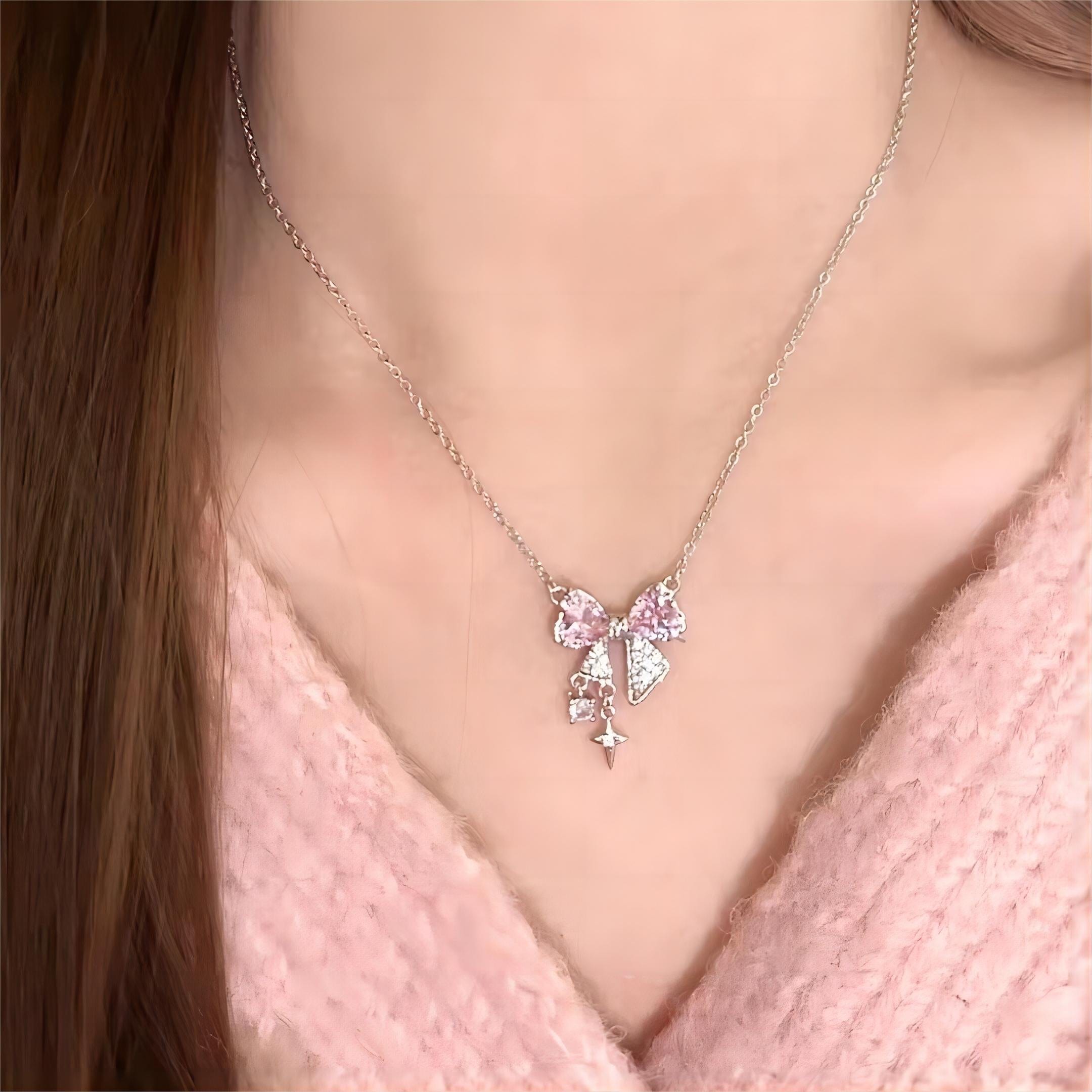 Dainty CZ Inlaid Crystal Bowknot Star Necklace