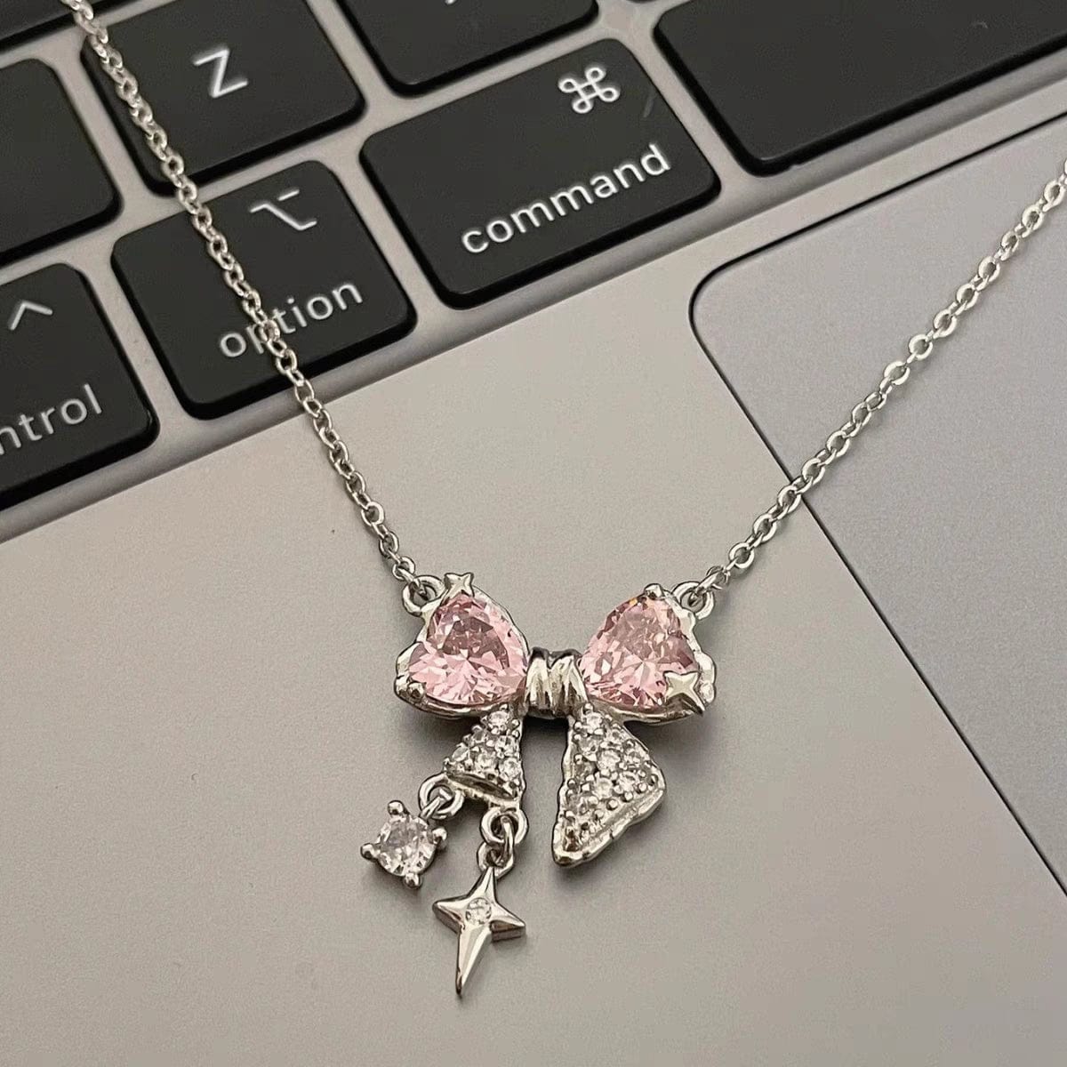 Dainty CZ Inlaid Crystal Bowknot Star Necklace