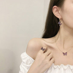 Dainty CZ Inlaid Crystal Butterfly Necklace Earrings Ring Set