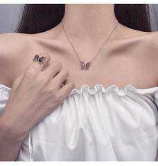 Dainty CZ Inlaid Crystal Butterfly Necklace Earrings Ring Set