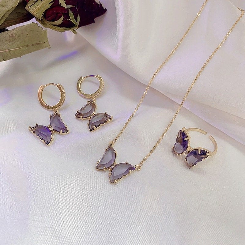 Dainty CZ Inlaid Crystal Butterfly Necklace Earrings Ring Set