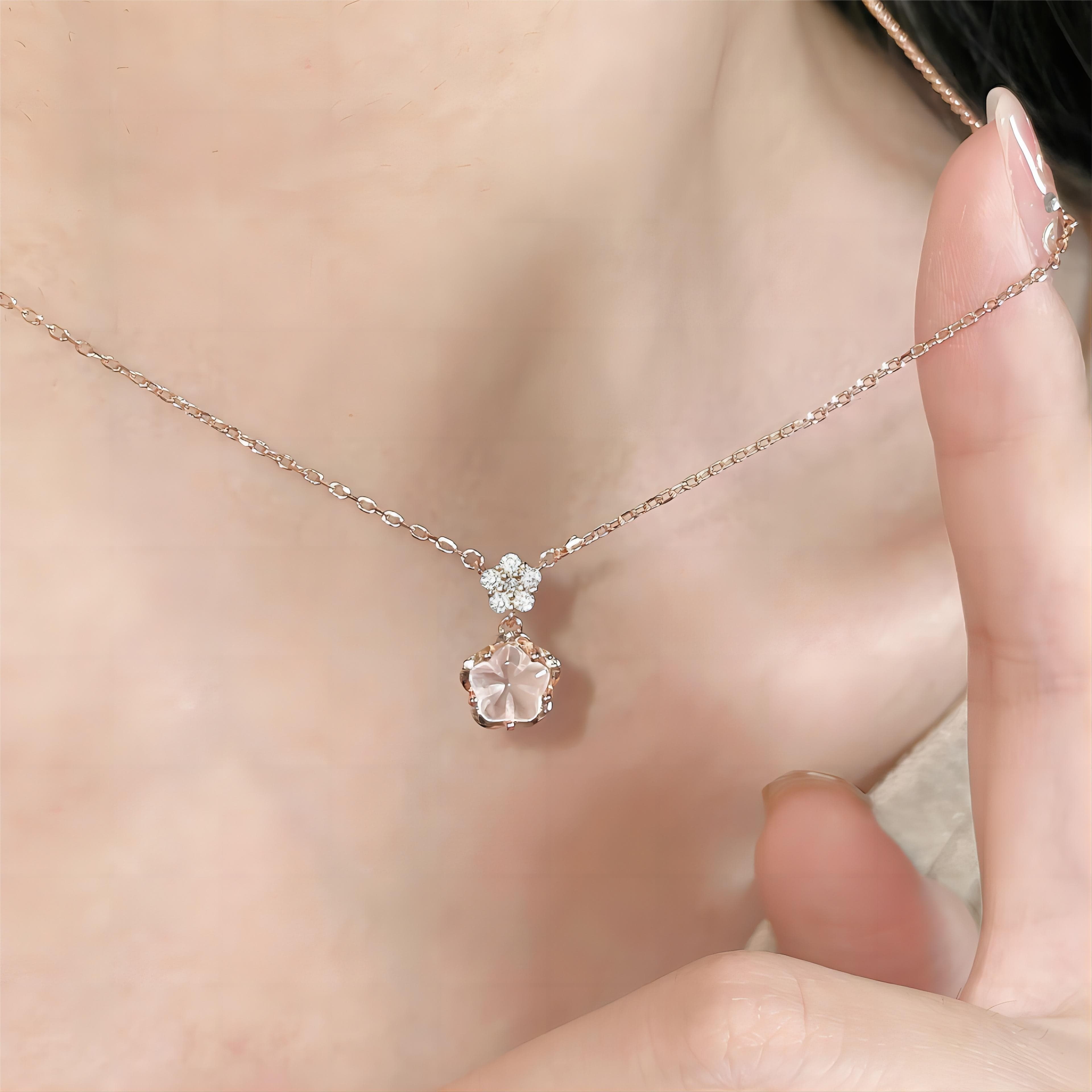 Dainty CZ Inlaid Crystal Cherry Blossom Necklace