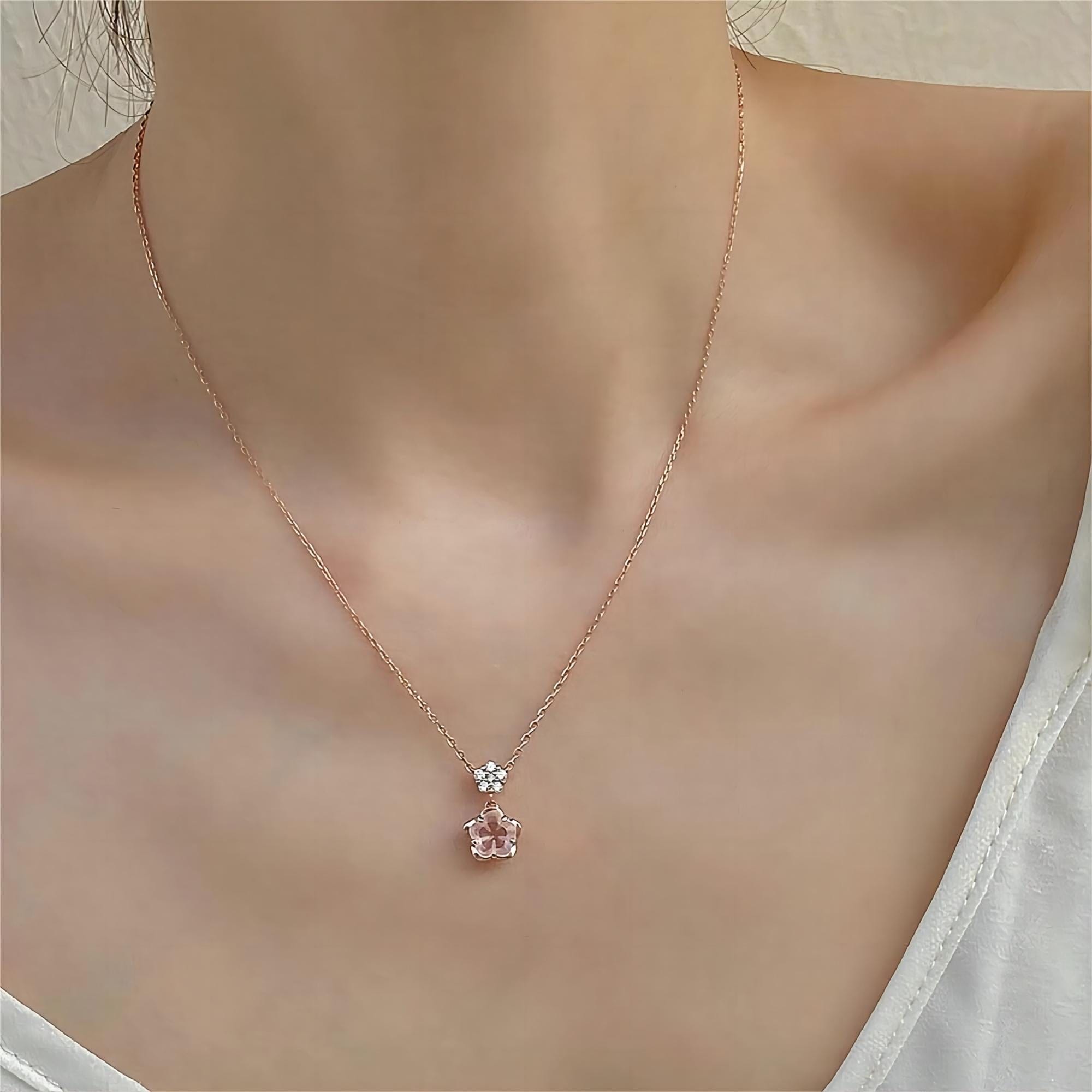 Dainty CZ Inlaid Crystal Cherry Blossom Necklace