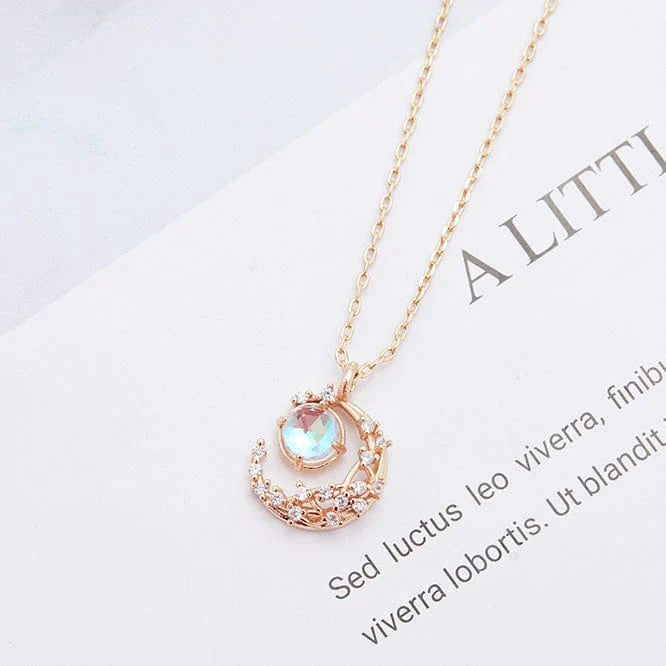 Dainty CZ Inlaid Crystal Moon Necklace