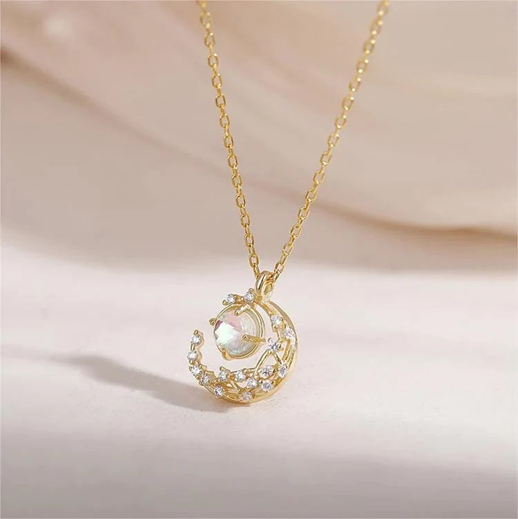 Dainty CZ Inlaid Crystal Moon Necklace