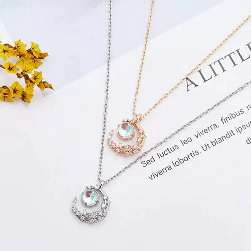 Dainty CZ Inlaid Crystal Moon Necklace