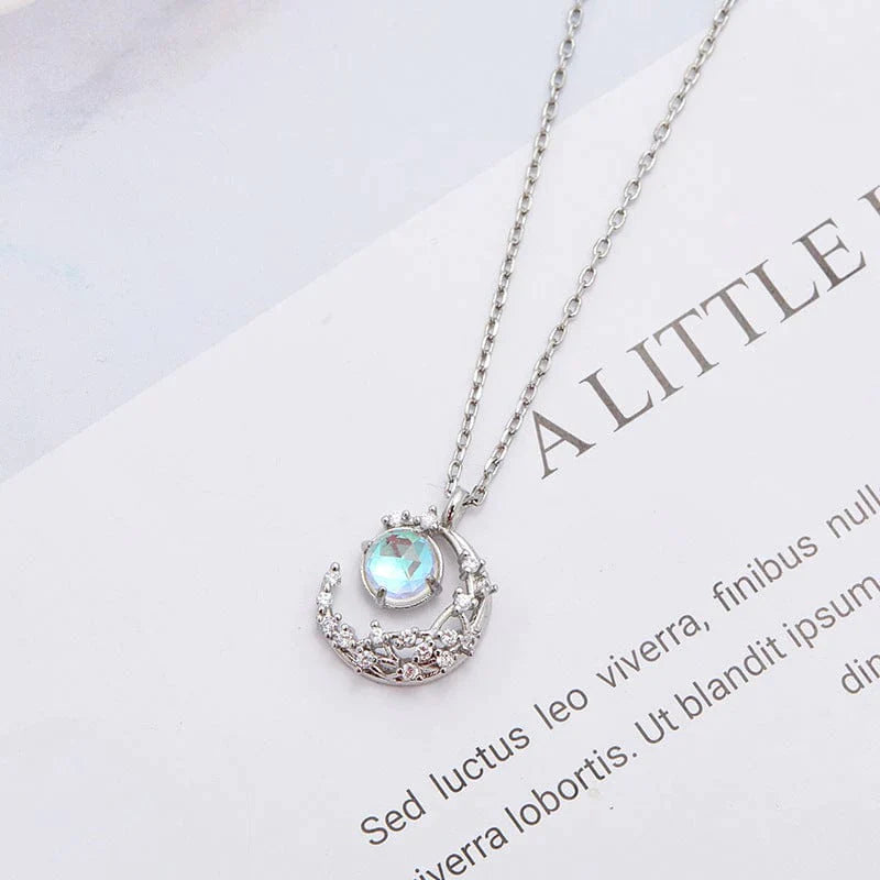 Dainty CZ Inlaid Crystal Moon Necklace