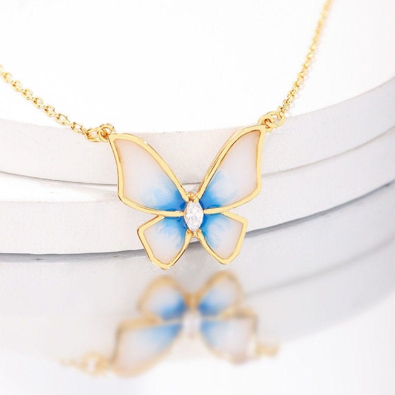 Dainty CZ Inlaid Enamel Butterfly Necklace Bracelet Set