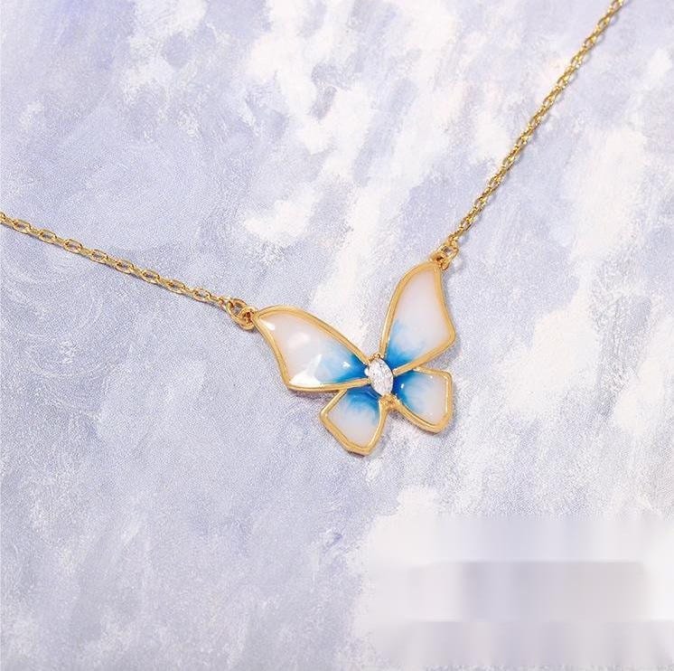 Dainty CZ Inlaid Enamel Butterfly Necklace Bracelet Set